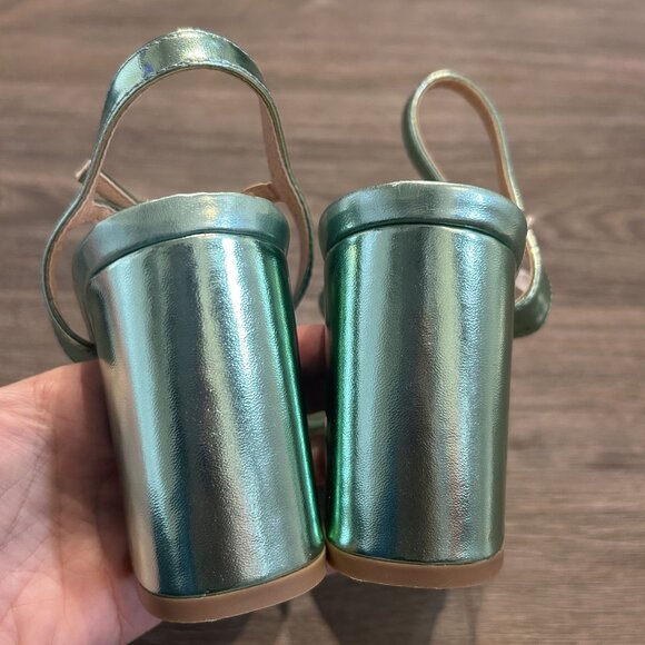 NEW Lulus 7.5 Arya Green Metallic High Heel Sandals Chunky Block Strappy Heels - Picture 7 of 9